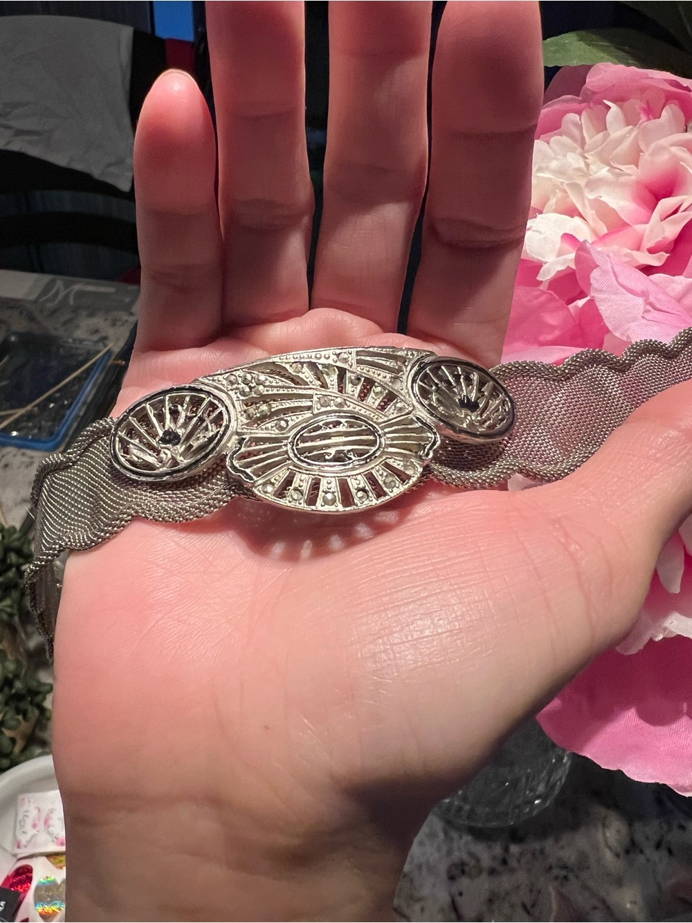 Rare! Silver Mesh Statement Bracelet with Art Deco Medallion